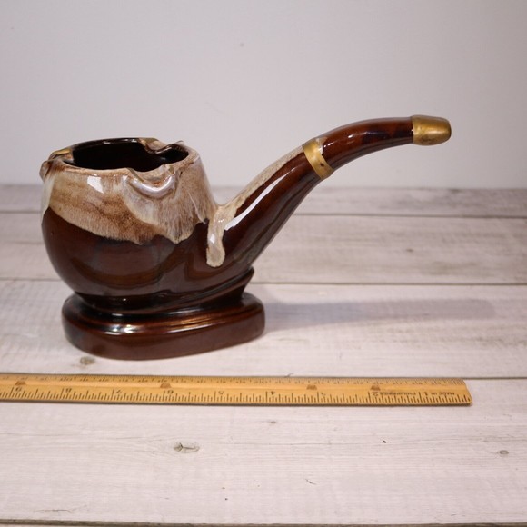 PIPE ASHTRAY Drip Glaze Vintage TOBACCO Brown Drip w Gold Trim Napco Artmark - Picture 9 of 10